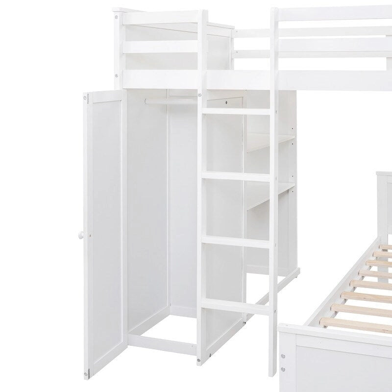 Full size Loft Bed with a twin size Stand-alone bed, Shelves,Desk,and Wardrobe