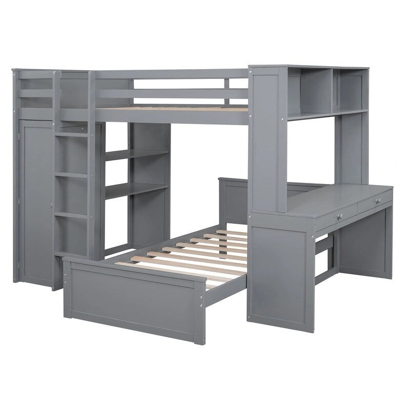 Full size Loft Bed with a twin size Stand-alone bed, Shelves,Desk,and Wardrobe