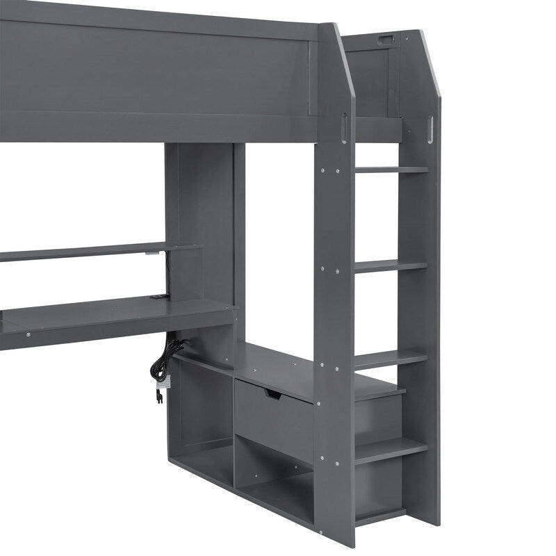 Wood Twin Size Gaming Loft Bed with Desk, Multi-storage Shelves, LED and Charging Station, Dark Gray