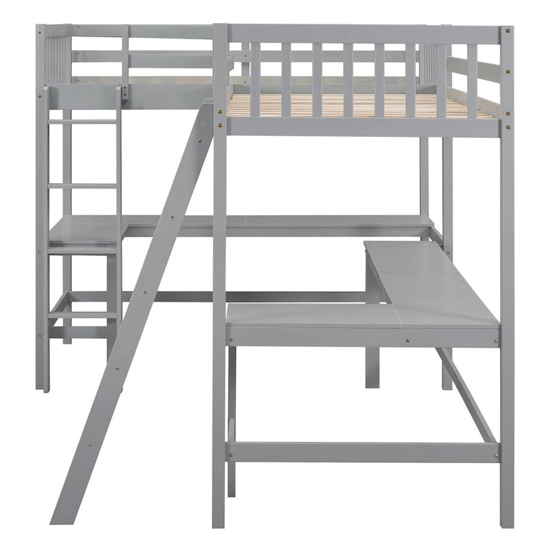 Twin Size L-Shaped Loft Bed Frame for Boys Girls Kids Adults Toddler with Ladder and 2 Built-in L-Shaped Desks