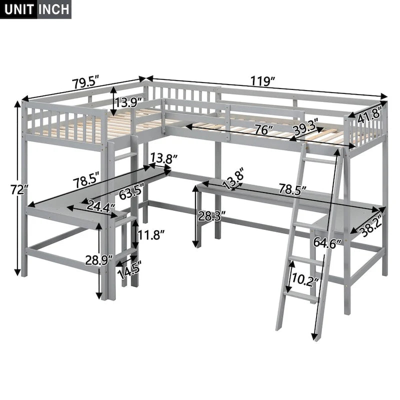 Twin Size L-Shaped Loft Bed Frame for Boys Girls Kids Adults Toddler with Ladder and 2 Built-in L-Shaped Desks