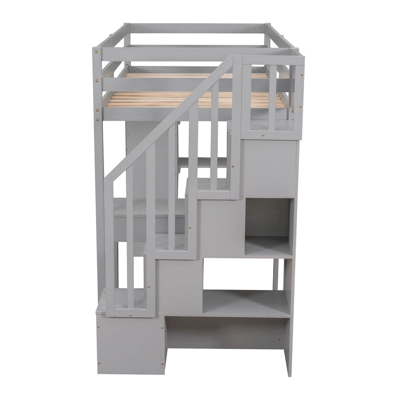 Cama alta con cajones de almacenamiento, escritorio y escaleras, cama alta de madera con estantes
