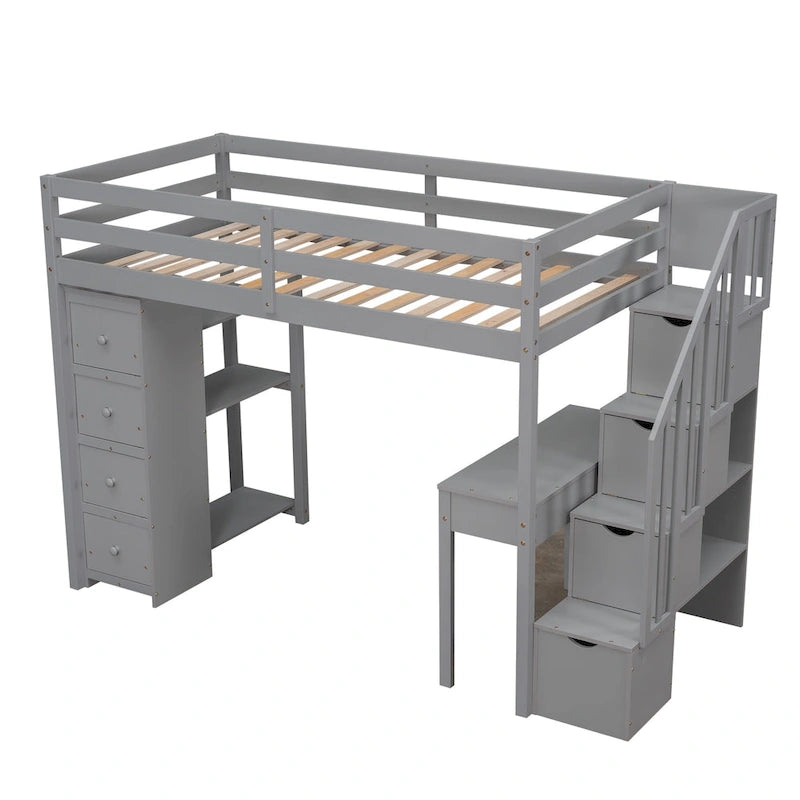 Cama alta con cajones de almacenamiento, escritorio y escaleras, cama alta de madera con estantes