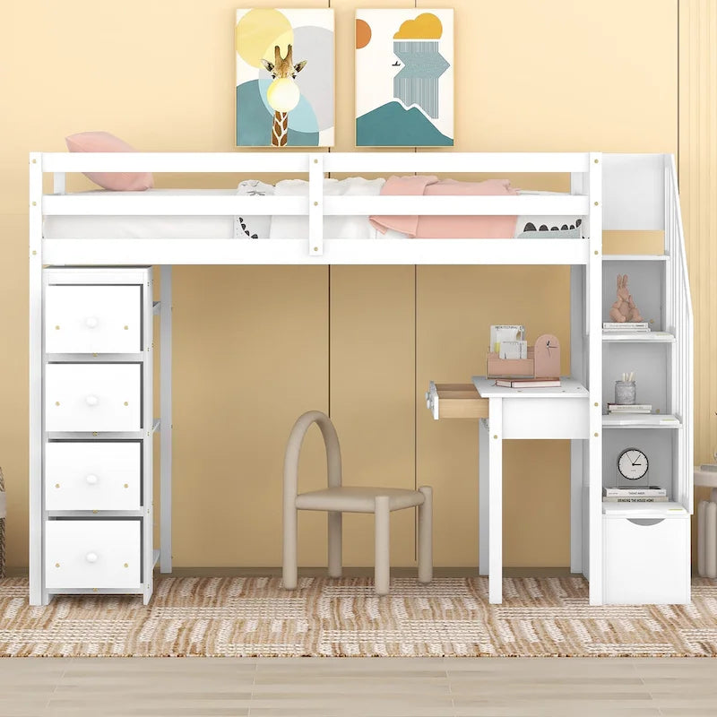 Loft Bed with Storage Drawers, Desk and Stairs, Wooden Loft Bed with Shelves