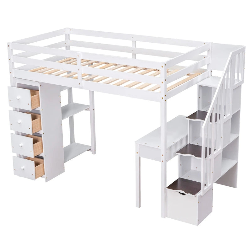 Loft Bed with Storage Drawers, Desk and Stairs, Wooden Loft Bed with Shelves