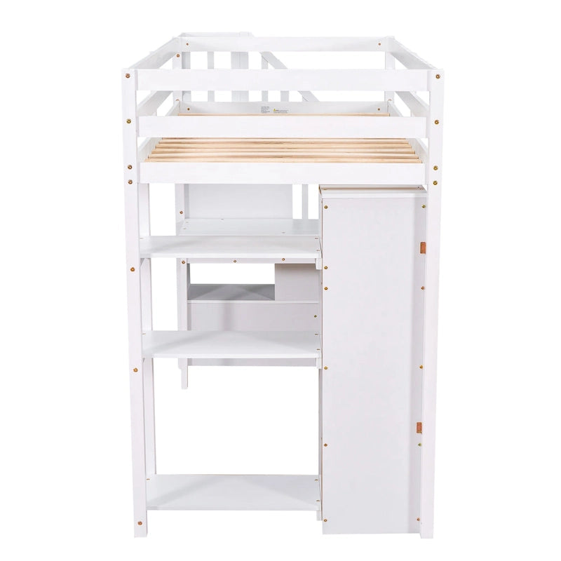 Cama alta con cajones de almacenamiento, escritorio y escaleras, cama alta de madera con estantes