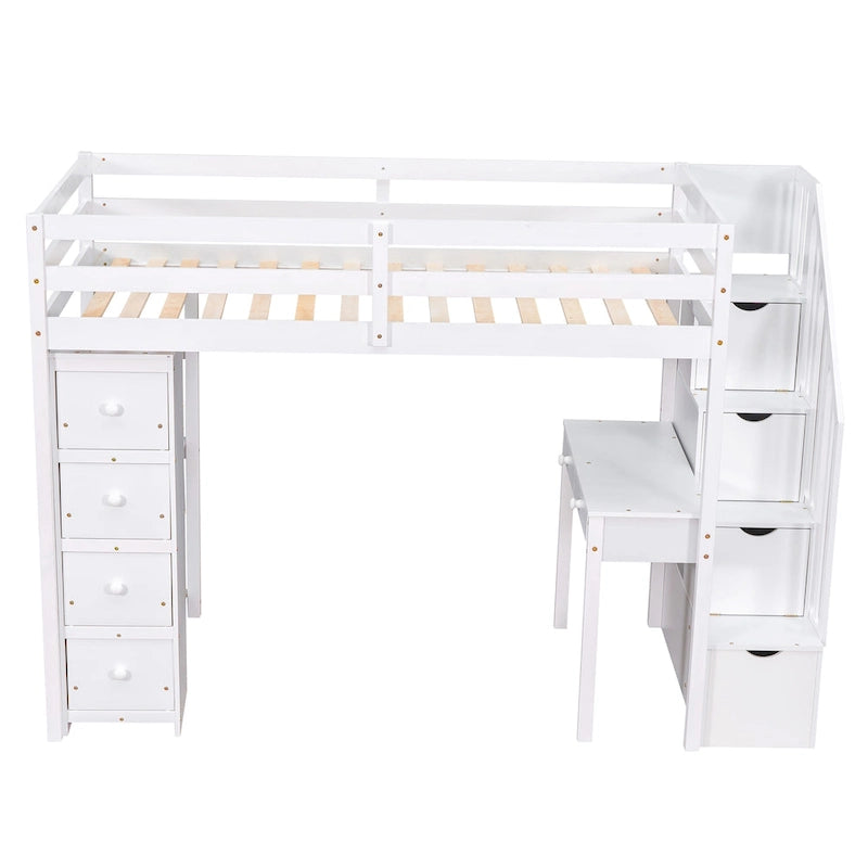 Cama alta con cajones de almacenamiento, escritorio y escaleras, cama alta de madera con estantes
