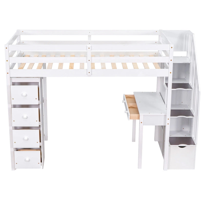 Cama alta con cajones de almacenamiento, escritorio y escaleras, cama alta de madera con estantes