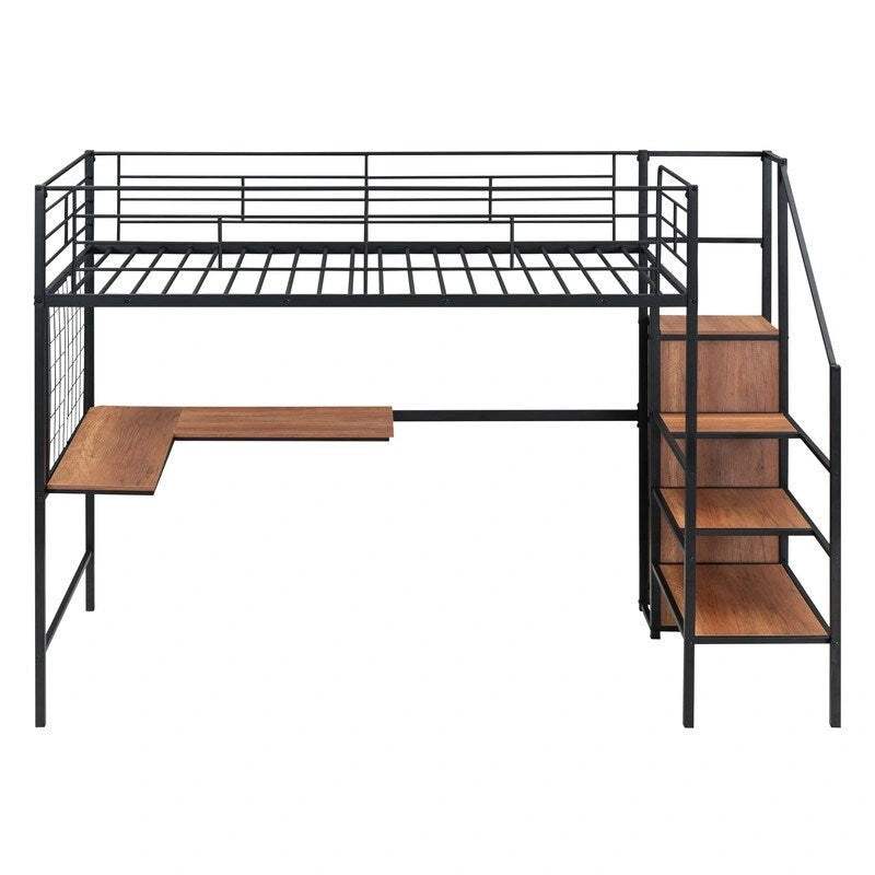 Twin Size Metal Loft Bed with Desk,Grid and Wardrobe