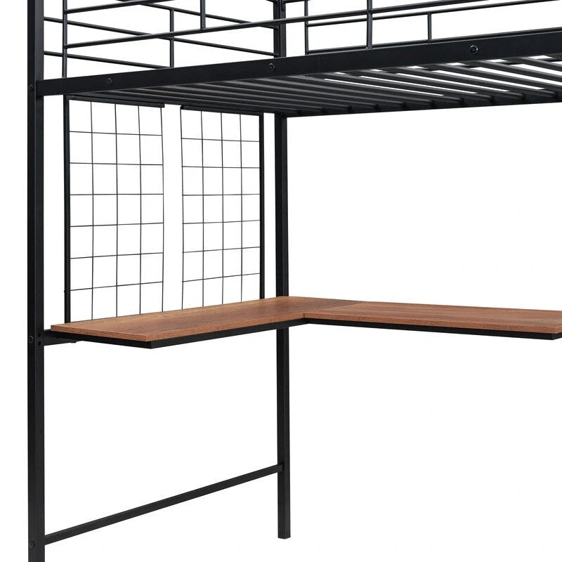 Twin Size Metal Loft Bed with Desk,Grid and Wardrobe