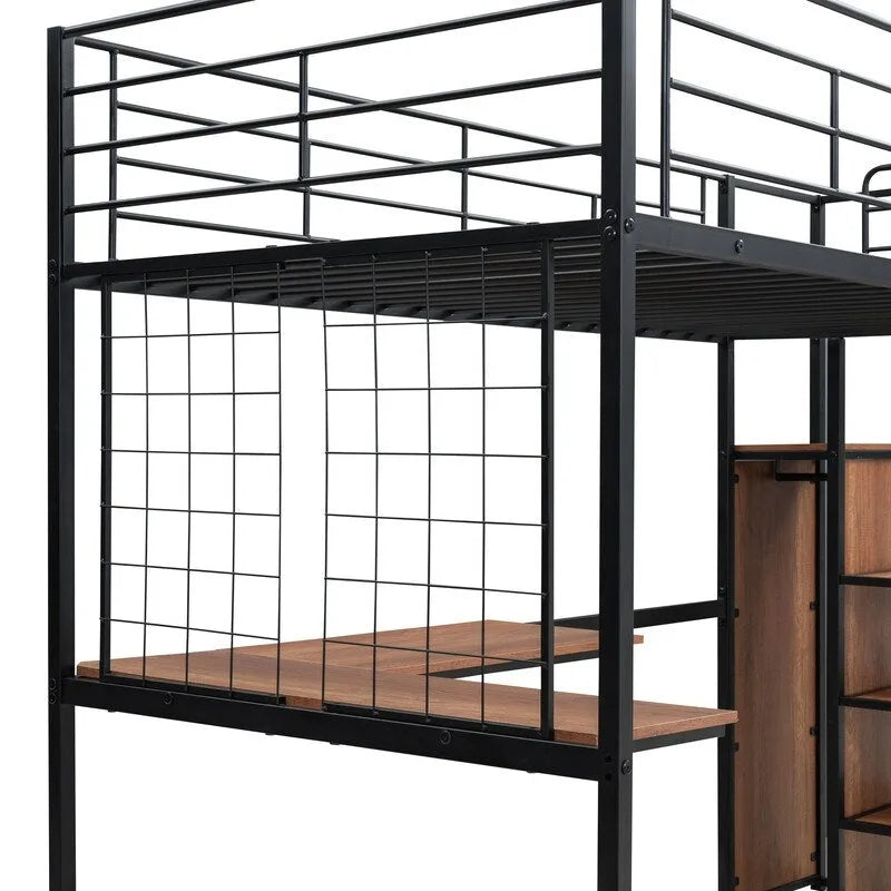 Twin Size Metal Loft Bed with Desk,Grid and Wardrobe