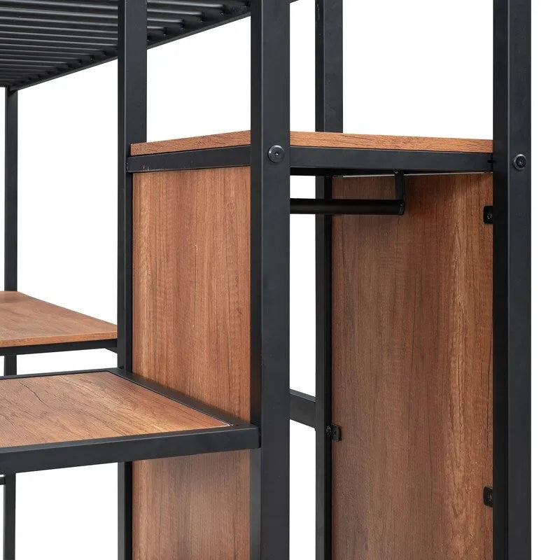 Twin Size Metal Loft Bed with Desk,Grid and Wardrobe