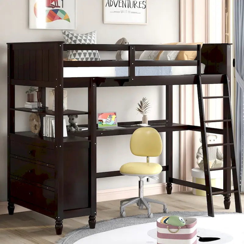 Twin Size Solid Wood Loft Bed with Drawers Chest and Desk, Shelves