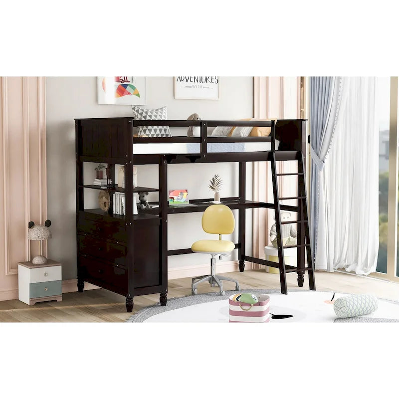 Twin Size Solid Wood Loft Bed with Drawers Chest and Desk, Shelves