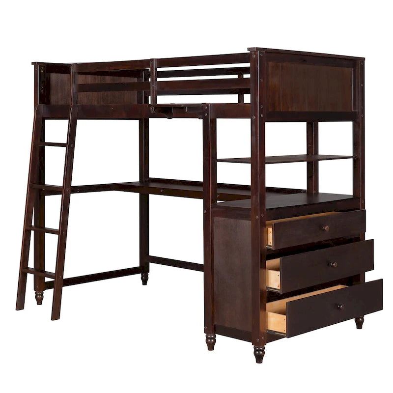 Twin Size Solid Wood Loft Bed with Drawers Chest and Desk, Shelves