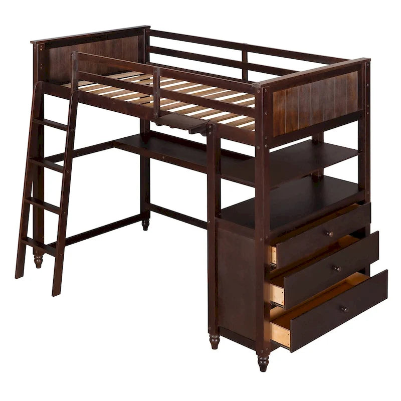 Twin Size Solid Wood Loft Bed with Drawers Chest and Desk, Shelves
