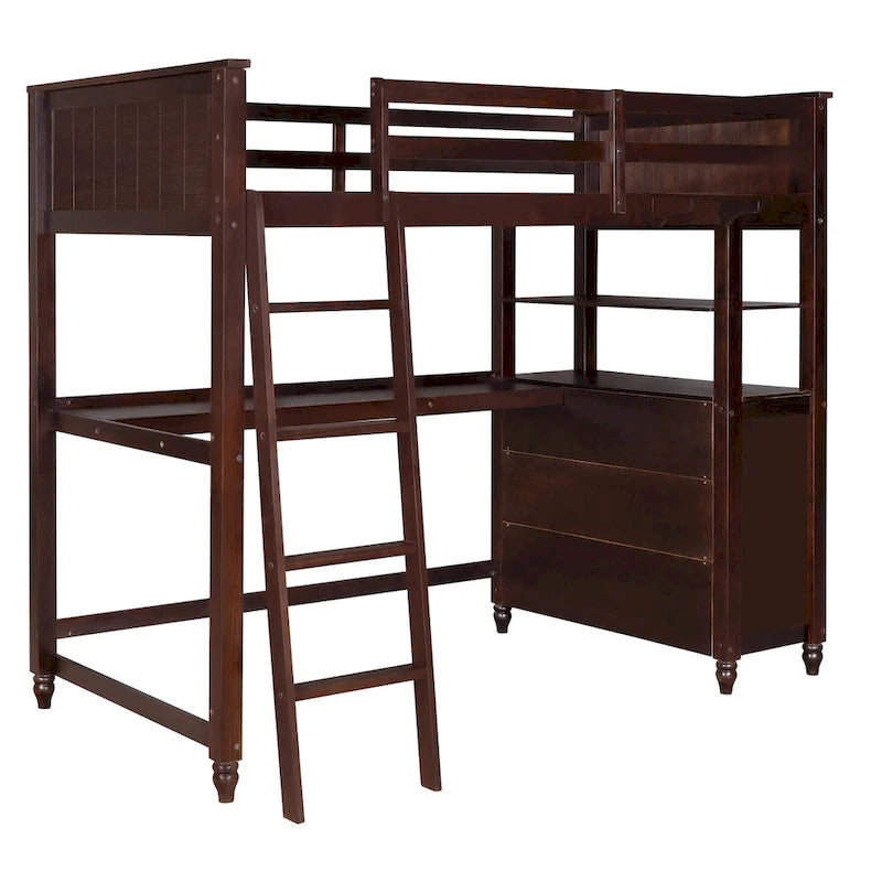 Twin Size Solid Wood Loft Bed with Drawers Chest and Desk, Shelves