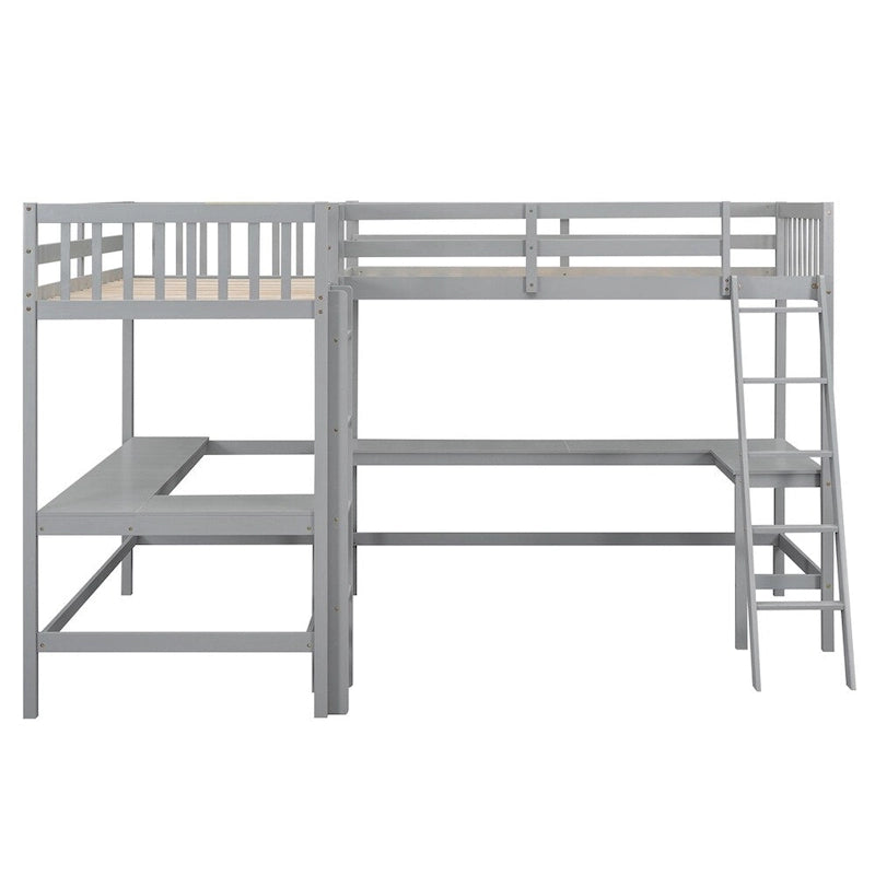 Twin Size Wood L-Shaped Loft Bed with Ladder and 2 Built-in Desks