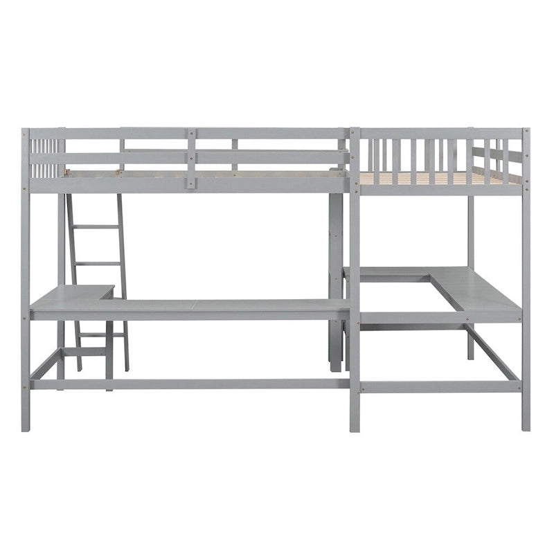 Twin Size Wood L-Shaped Loft Bed with Ladder and 2 Built-in Desks