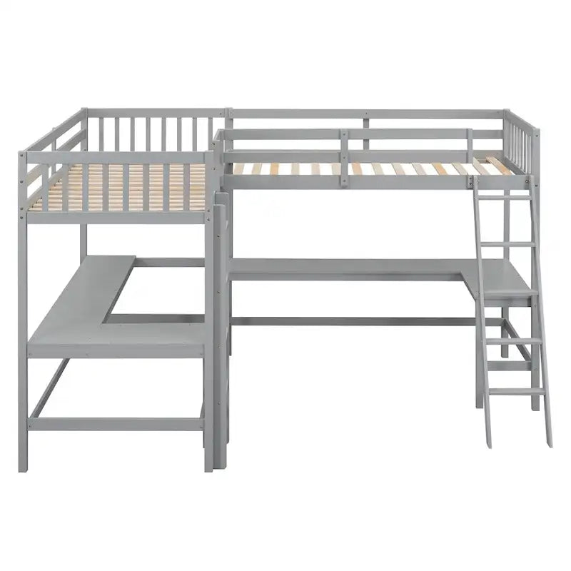 Twin Size Wood L-Shaped Loft Bed with Ladder and 2 Built-in Desks