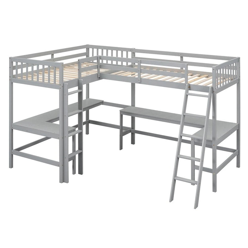 Twin Size Wood L-Shaped Loft Bed with Ladder and 2 Built-in Desks