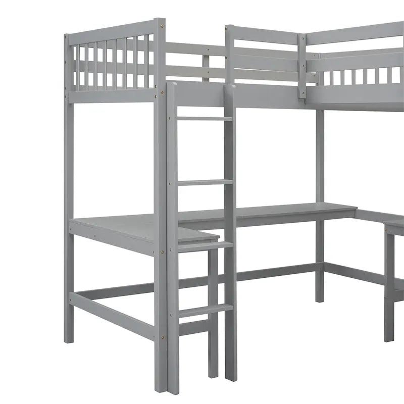 Twin Size Wood L-Shaped Loft Bed with Ladder and 2 Built-in Desks