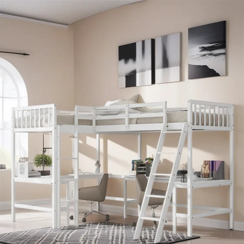 Twin Size Wood L-Shaped Loft Bed with Ladder and 2 Built-in Desks