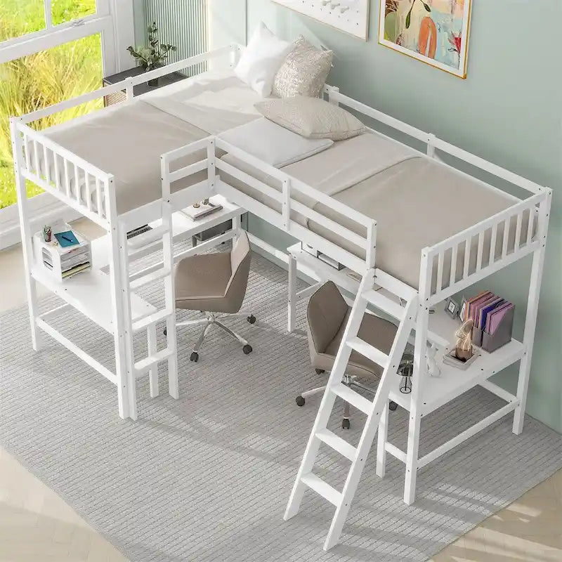 Twin Size Wood L-Shaped Loft Bed with Ladder and 2 Built-in Desks
