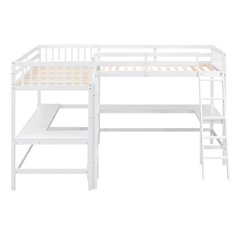 Twin Size Wood L-Shaped Loft Bed with Ladder and 2 Built-in Desks