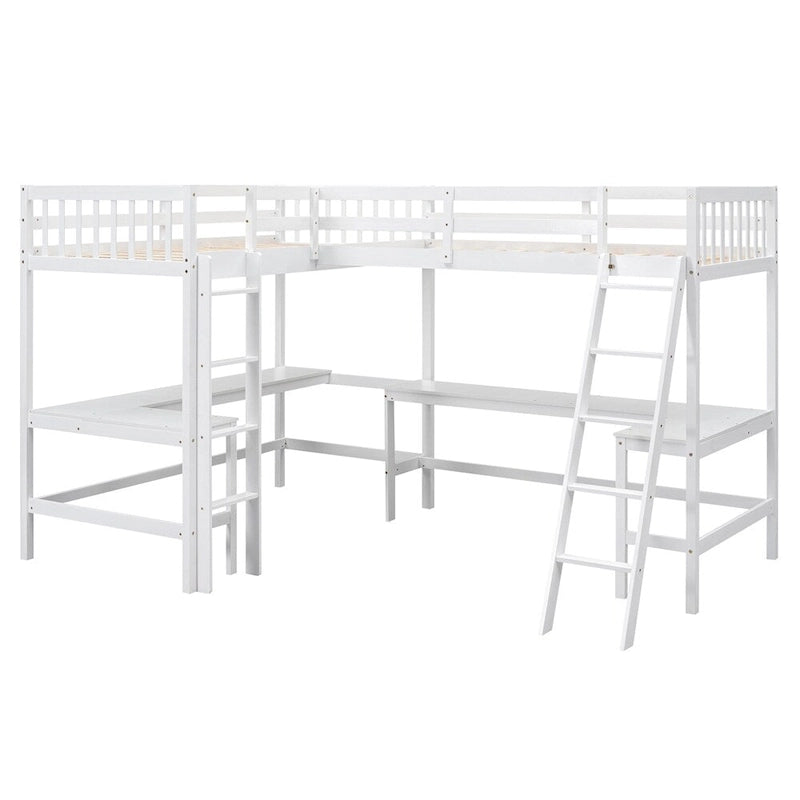 Twin Size Wood L-Shaped Loft Bed with Ladder and 2 Built-in Desks