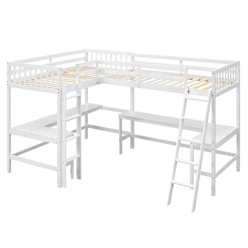 Twin Size Wood L-Shaped Loft Bed with Ladder and 2 Built-in Desks