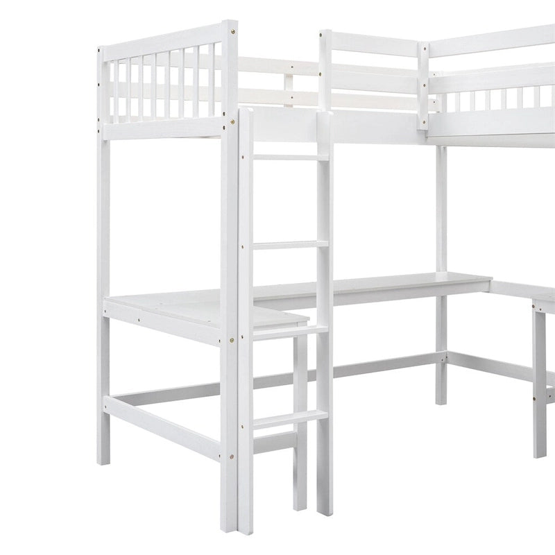 Twin Size Wood L-Shaped Loft Bed with Ladder and 2 Built-in Desks