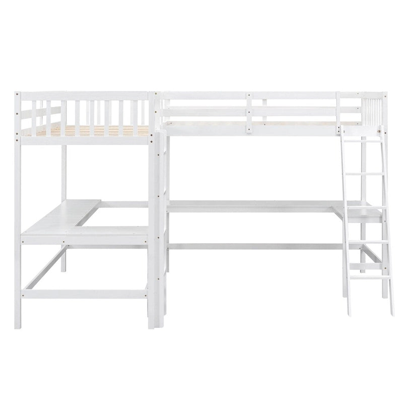 Twin Size Wood L-Shaped Loft Bed with Ladder and 2 Built-in Desks