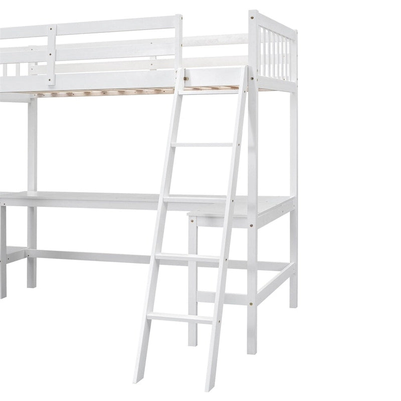 Twin Size Wood L-Shaped Loft Bed with Ladder and 2 Built-in Desks