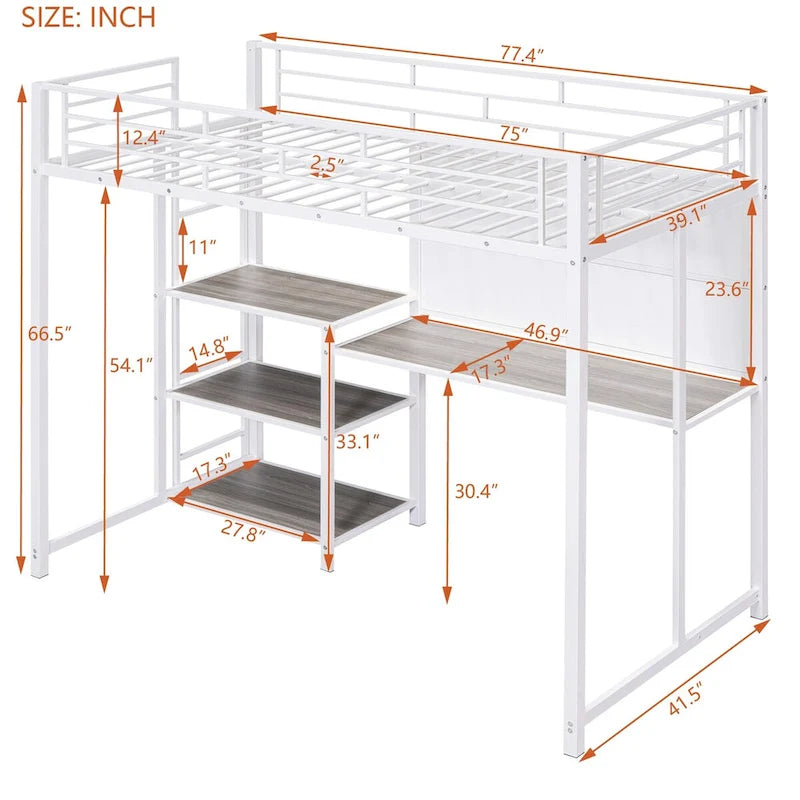 Weißes Metall-Hochbett mit Schreibtisch, Whiteboard und 3 Regalen, inklusive Leiter