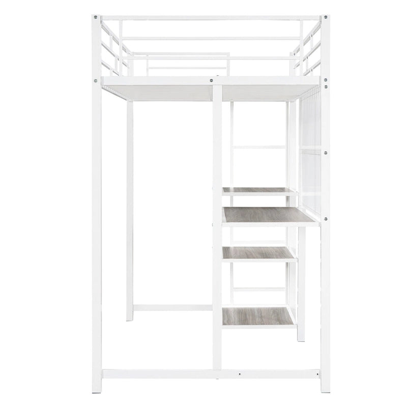 Weißes Metall-Hochbett mit Schreibtisch, Whiteboard und 3 Regalen, inklusive Leiter