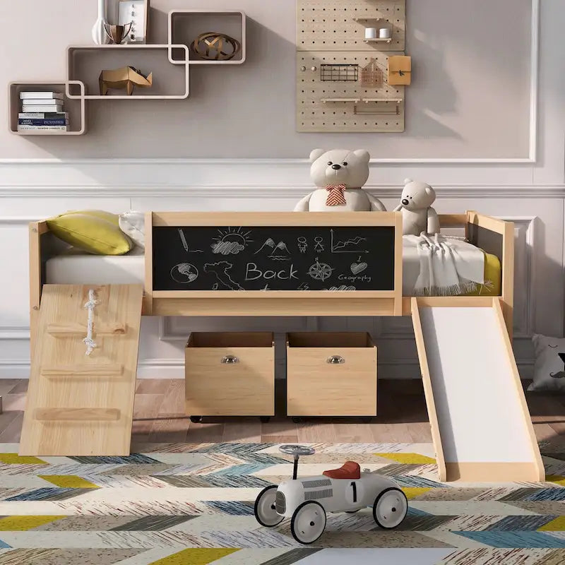 Pine Loft Bed with Climbing Frame, Rope, and Chalkboard