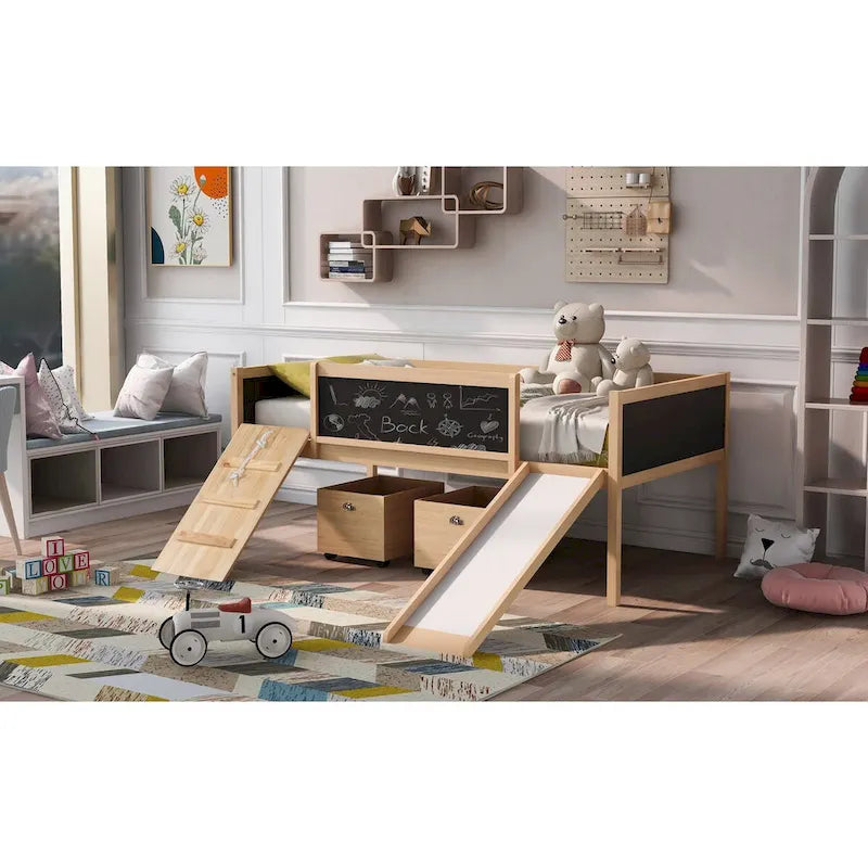 Pine Loft Bed with Climbing Frame, Rope, and Chalkboard