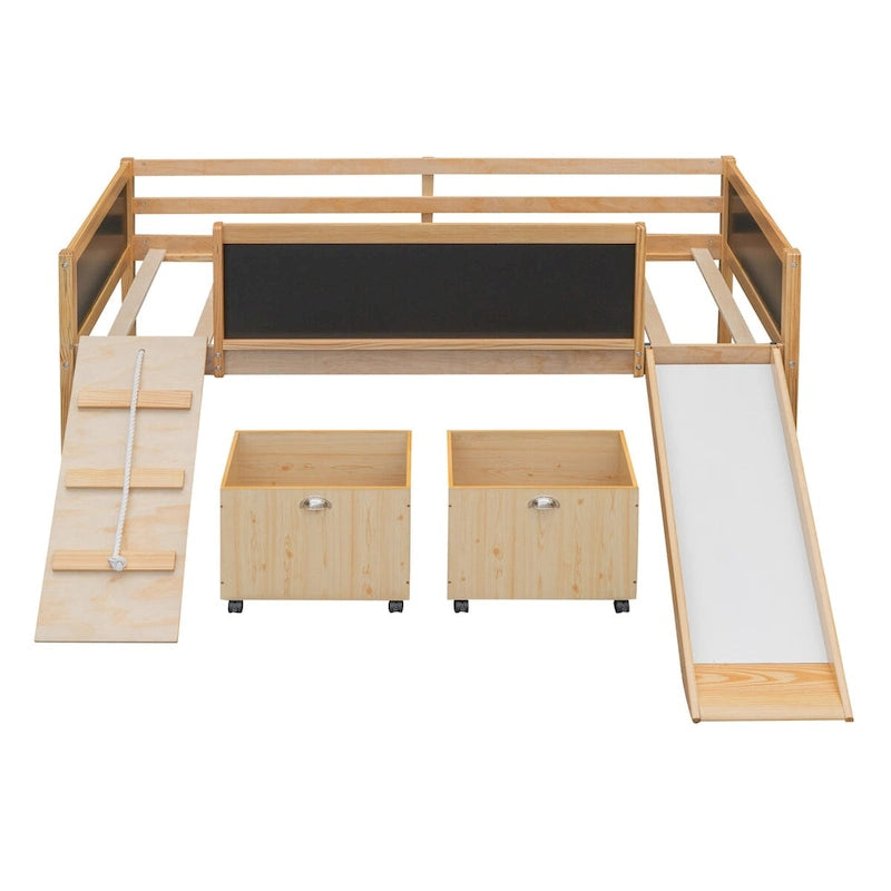 Pine Loft Bed with Climbing Frame, Rope, and Chalkboard