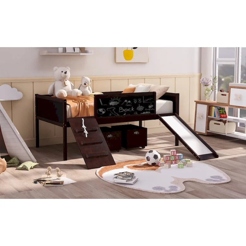 Pine Loft Bed with Climbing Frame, Rope, and Chalkboard