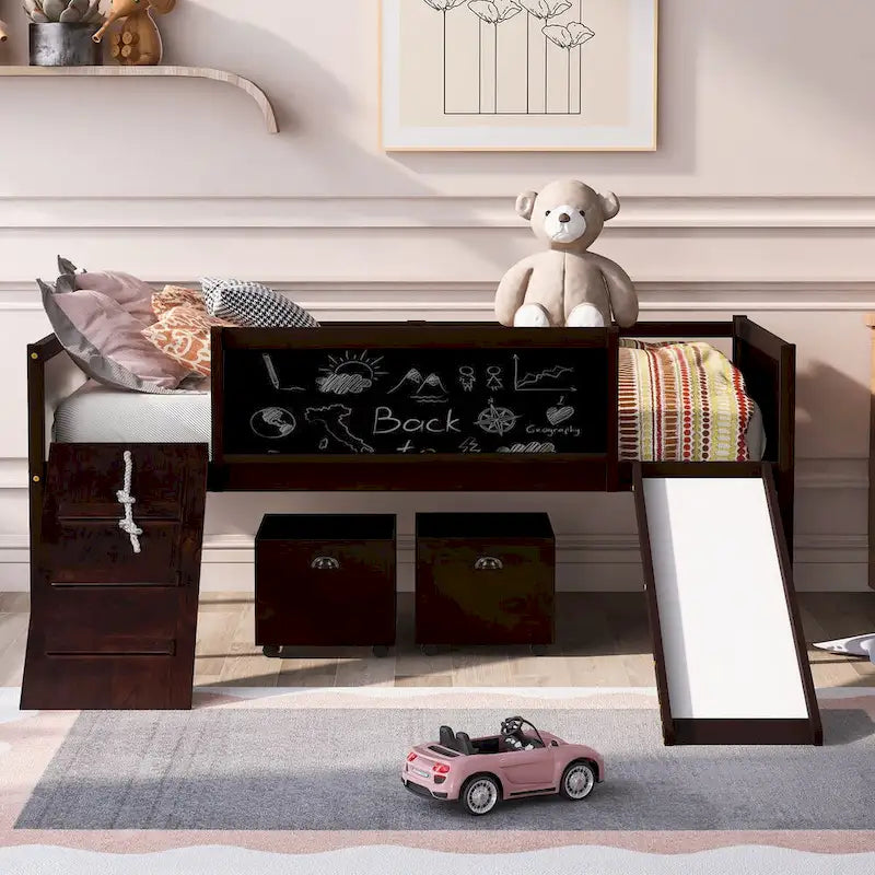 Pine Loft Bed with Climbing Frame, Rope, and Chalkboard