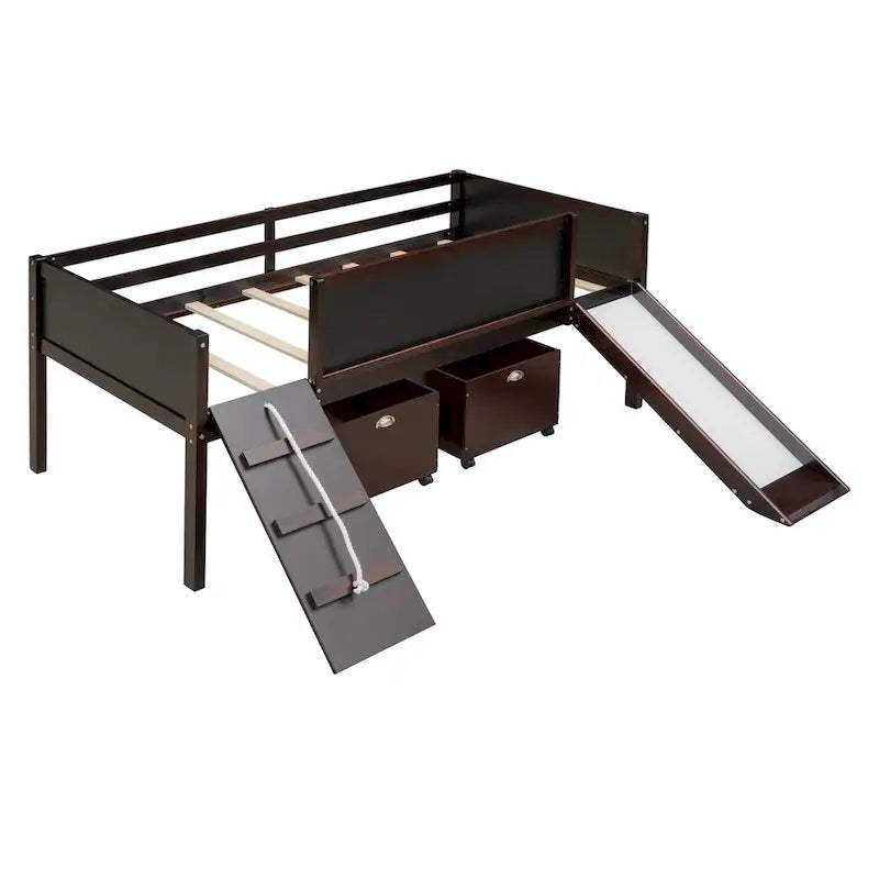 Pine Loft Bed with Climbing Frame, Rope, and Chalkboard