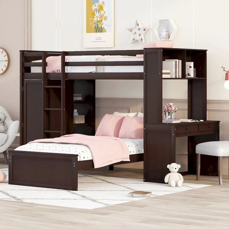 Twin size Loft Bed with a Stand-alone bed, Shelves,Desk,and Wardrobe