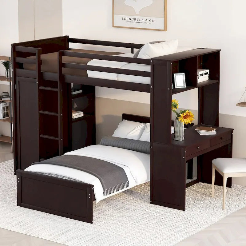 Hochbett in Twin-Größe mit freistehendem Bett, Regalen, Schreibtisch und Kleiderschrank