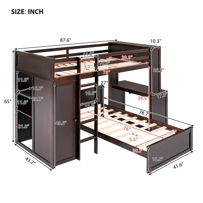 Hochbett in Twin-Größe mit freistehendem Bett, Regalen, Schreibtisch und Kleiderschrank