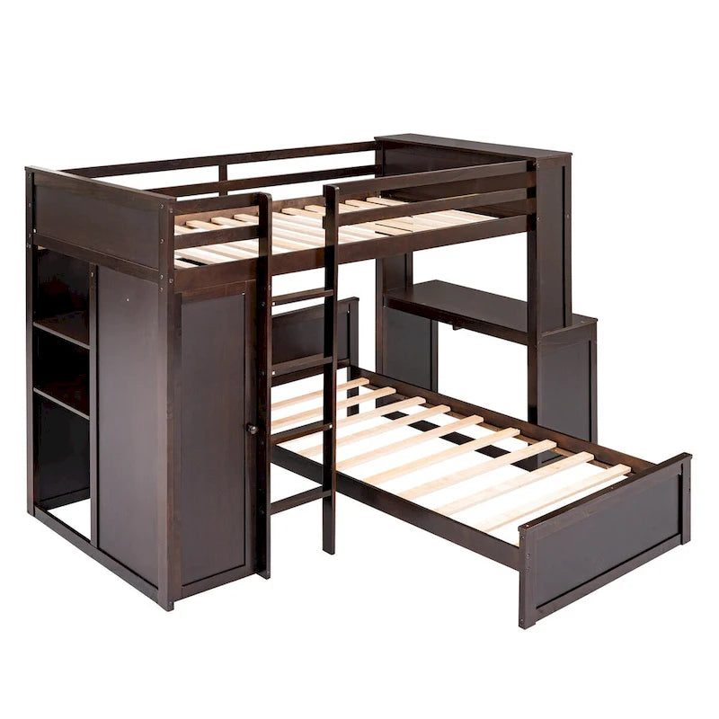 Hochbett in Twin-Größe mit freistehendem Bett, Regalen, Schreibtisch und Kleiderschrank