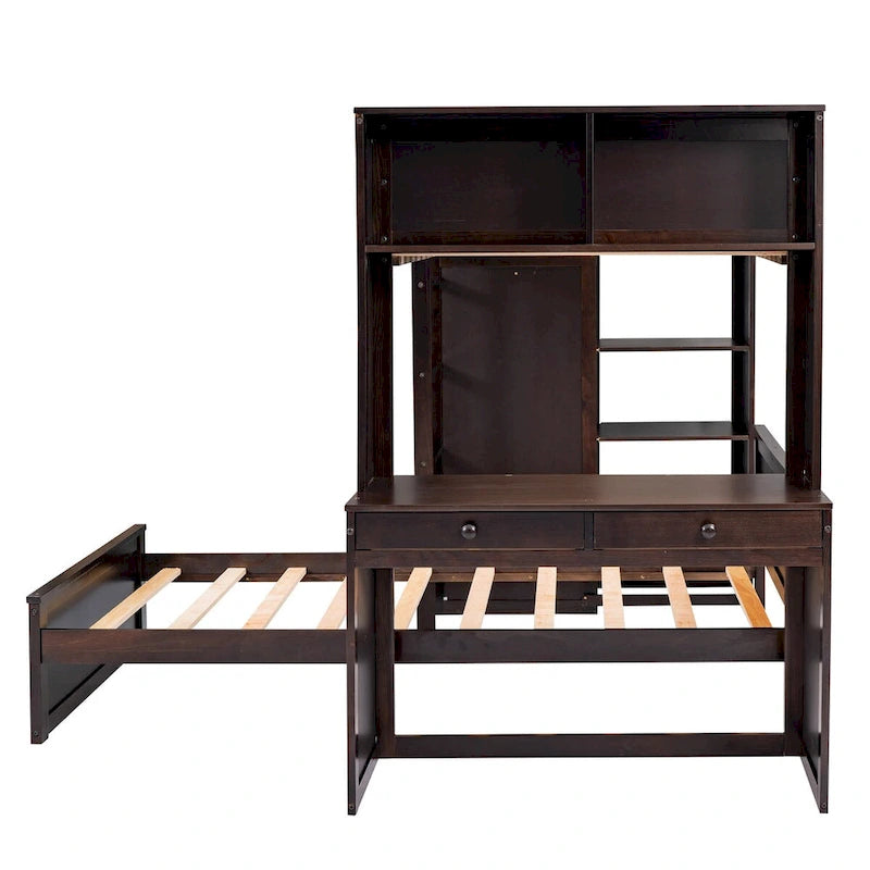 Hochbett in Twin-Größe mit freistehendem Bett, Regalen, Schreibtisch und Kleiderschrank