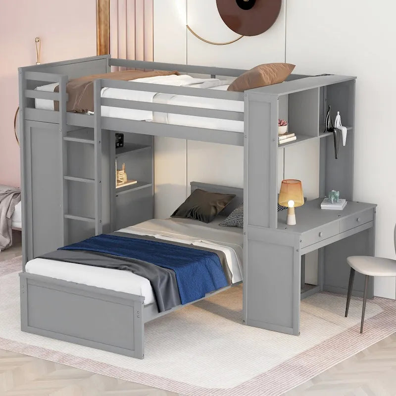 Hochbett in Twin-Größe mit freistehendem Bett, Regalen, Schreibtisch und Kleiderschrank