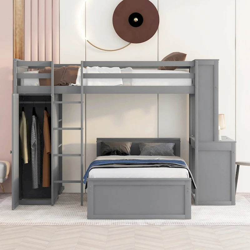 Hochbett in Twin-Größe mit freistehendem Bett, Regalen, Schreibtisch und Kleiderschrank