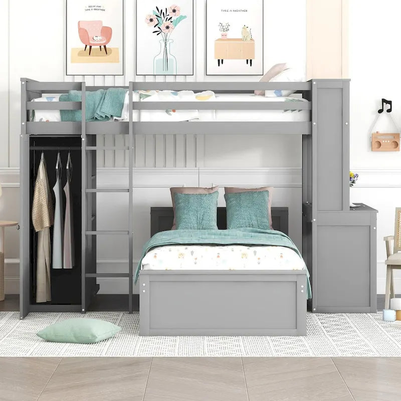Hochbett in Twin-Größe mit freistehendem Bett, Regalen, Schreibtisch und Kleiderschrank